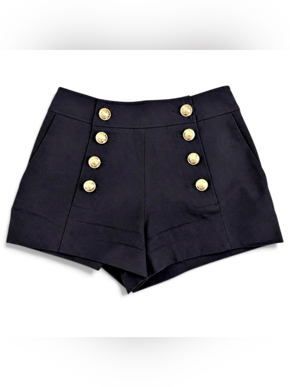 Derek Lam 10 Crosby High-Waist Black Sailor Shorts with Gold Buttons